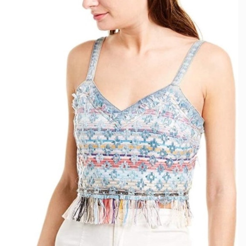 Ramy Brook Carlotta Mixed Media Fringe Crop Top In Blue Combo Size 6